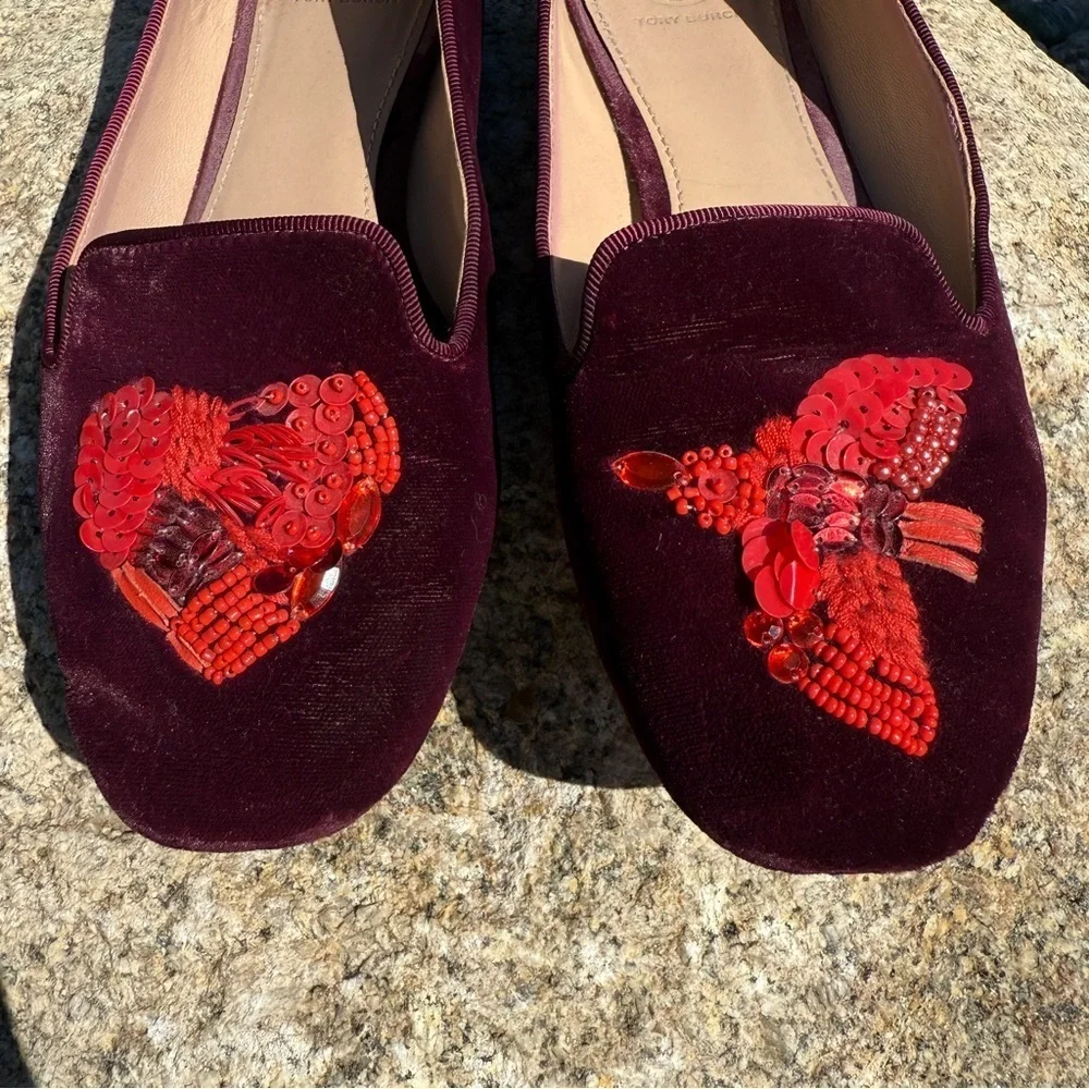 Tory Burch Women's Red Velvet Flats Size 8 Peace Bird Heart Sequins Casual